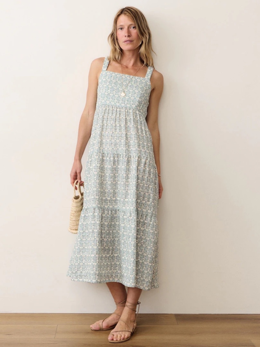 Marine Layer Pale Blue Floral Tiered Midi Dress